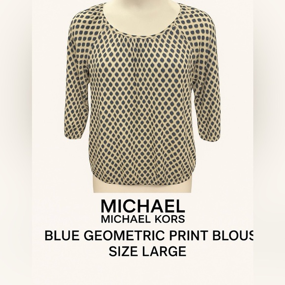 Michael Kors Blue Geometric Print Blouse Size Large Three Quarter Sleeves - Picture 7 of 7